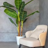 A white leather armchair, standing in the corner of a room with gray walls, next to a pot with a palm tree